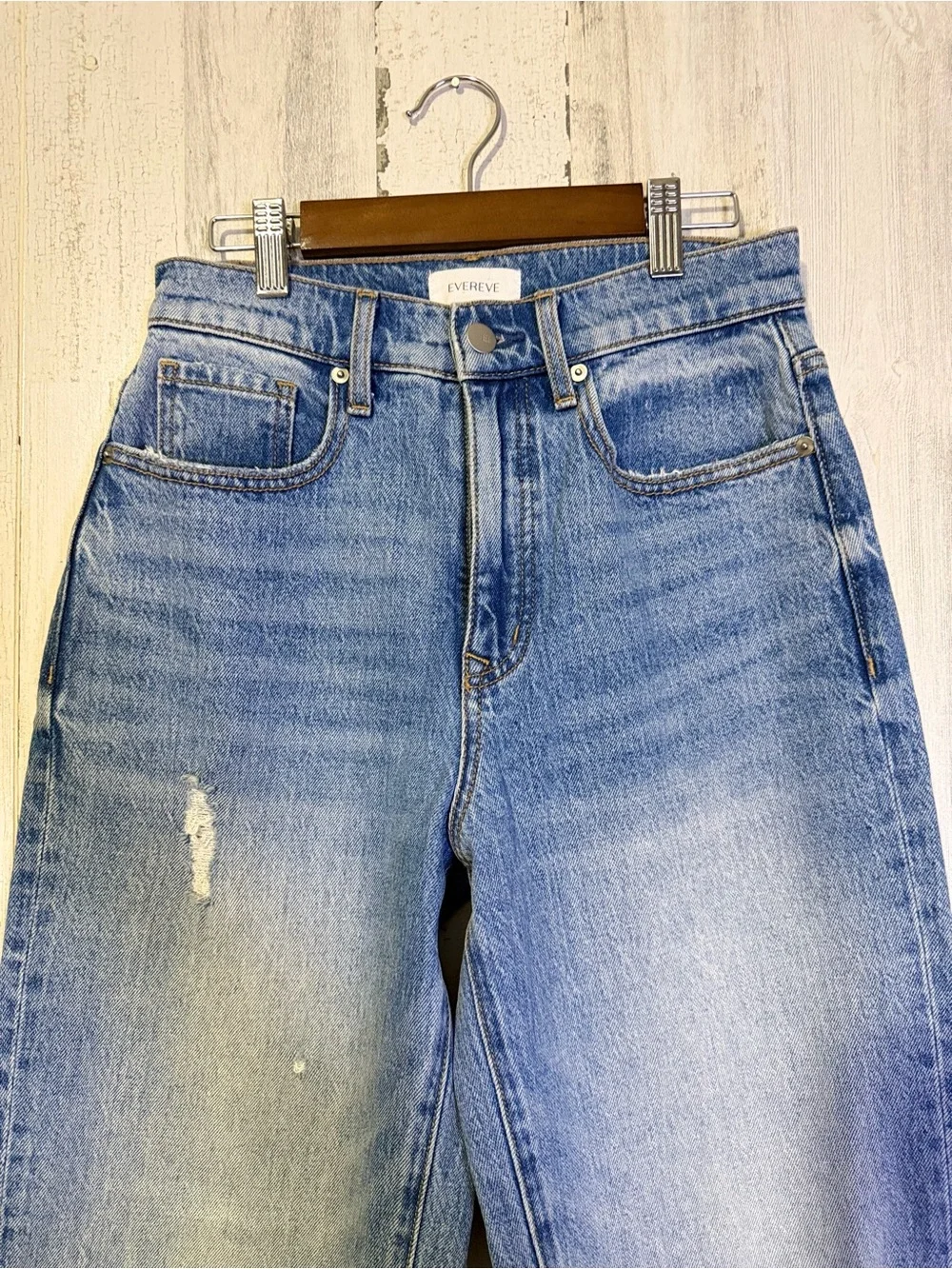 Evereve High Rise Distressed Straight Leg Ankle Jeans Size 25 Blue Denim